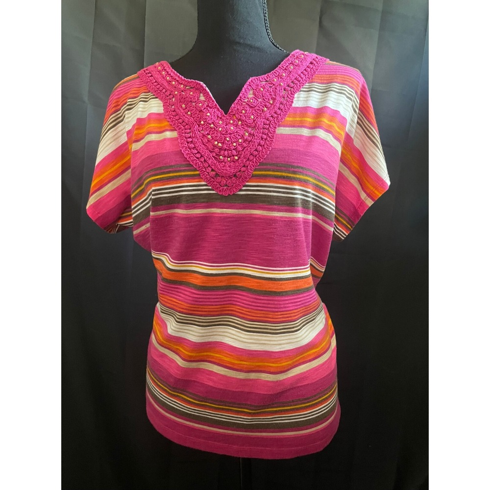 Alfred Dunner Women's Boho Chic Embroidered Striped Shirt M Pink Orange